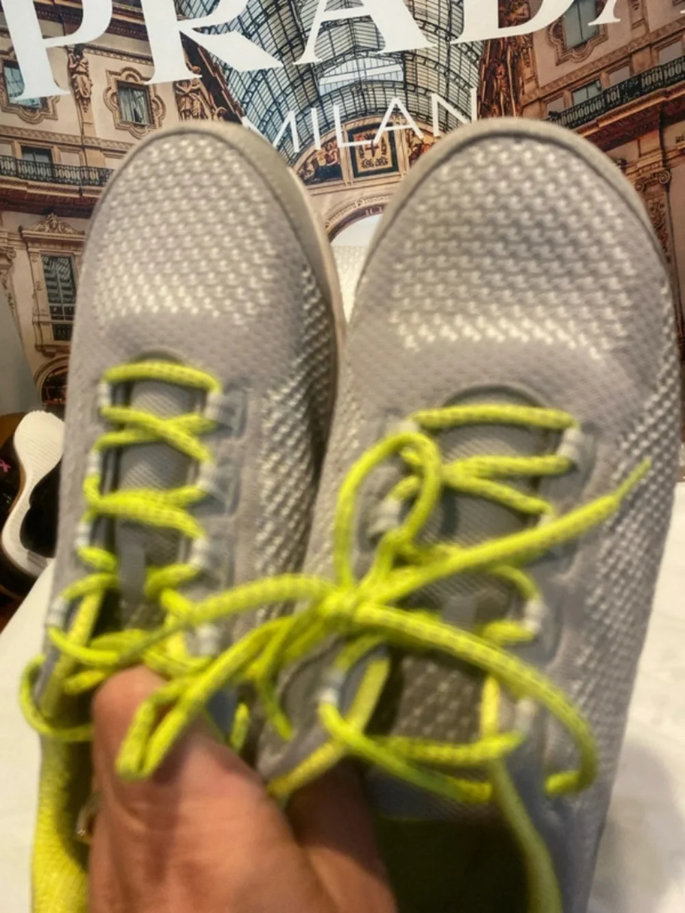 Women’s Gray Knit Athletic Sneakers with Neon Yellow Accents